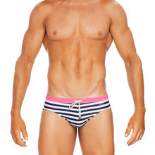 Load image into Gallery viewer, Riviera Sunset - Navy Stripe / Candy Pink - Lo Rise Swim Brief