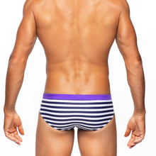 Load image into Gallery viewer, Riviera Sunset - Navy Stripe / Purple - Lo Rise Swim Brief