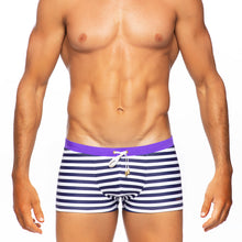 Load image into Gallery viewer, Riviera Sunset - Navy Stripe / Purple - Swim Trunk